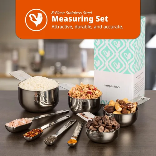 Miniatura 3 de Kit de medición de acero inoxidable 304 de alta calidad, 8 tazas y cucharas esenciales para uso diario, apilable y duradero
