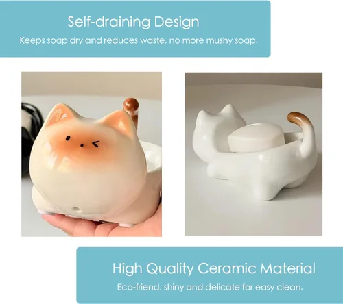 Miniatura 3 de Jabonera de cerámica para gatos, barra autodrenante para ducha, bandeja de jabón decorativa para lavabo de baño, encimera de cocina, bandeja Negro
