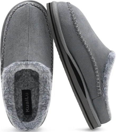 KuaiLu Pantuflas tipo zueco de espuma viscoelástica para hombre, cómodas, hechas a mano, microgamuza, sin cordones, con soporte de arco, suela de