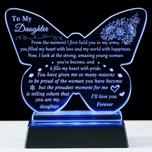 Miniatura 8 de YWHL Regalo para mi Hija de Papá Mamá, Mejores Regalos de Cumpleaños para Hija Adulta, Recuerdo de Vidrio en Forma de Mariposa con Base de Luz