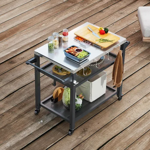Miniatura 11 de Domi - Mesa de parrilla para exteriores de 3 estantes, carrito de parrilla con ruedas, horno de pizza al aire libre y mesa de preparación