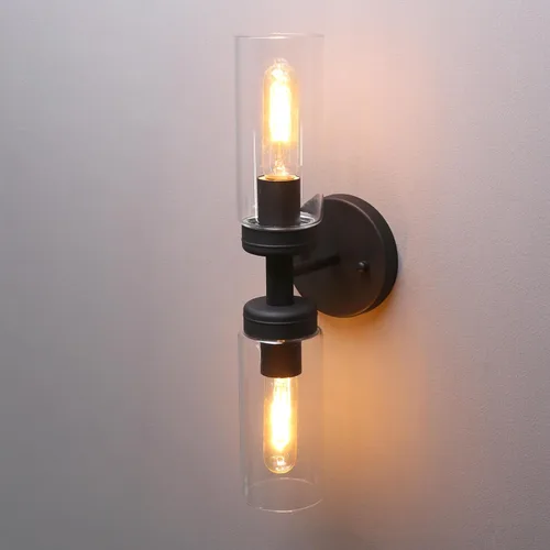 Miniatura 7 de Phansthy Lámpara de pared industrial rústica con pantalla tubular de vidrio transparente (aplique de 2 luces)
