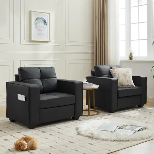 Miniatura 9 de TYBOATLE - Silla Accent cómoda de cuero sintético negro para sala de estar, silla de lectura extragrande con botones decorativos, estilo moderno