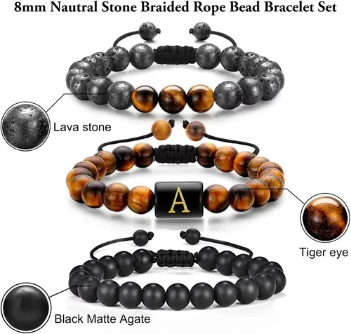 Miniatura 4 de Pulseras de cuentas con iniciales para hombres, regalos de 0.315 in, ojo de tigre, piedra de lava y roca de lava, pulseras de cuentas iniciales