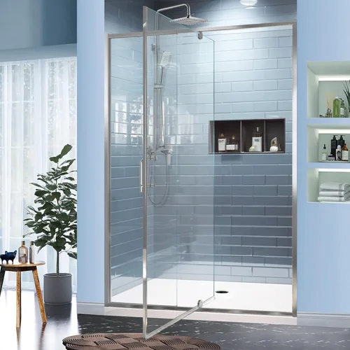 Miniatura 15 de GroGro 56-60" W x 71" H Mampara de ducha giratoria de vidrio semisin marco, vidrio templado transparente de 1/4" (6mm) SGCC, acabado cromo, Cromado