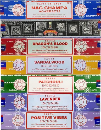 Set de regalo de incienso Satya Nag Champa, Super hit, Dragon's Blood, Sandalwood, Patchouli, Lavender, Positive Vibes 15 g x 7 paquetes | para