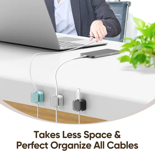 Miniatura 8 de Paquete de 9 soportes magnéticos para cables, clips magnéticos para cables de escritorio con adhesivo fuerte, organizador de cables para gestión