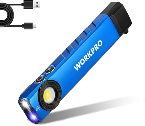 WORKPRO linterna recargable de trabajo, linterna de bolsillo plana de 600 lúmenes con luz UV, base magnética y clip, linterna LED EDC delgada para