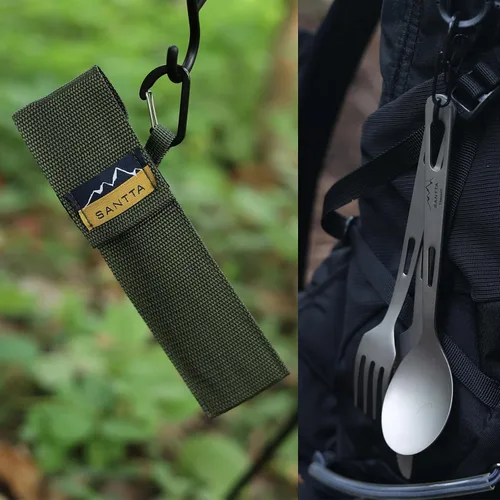 Miniatura 5 de SANTTA Utensilios de campamento de titanio, juego de 3 piezas, cuchara y tenedor, juego de cubiertos con bolsa y mosquetón para acampar al aire