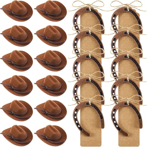 Hercicy 24 piezas de decoraciones de fiesta occidental, 12 mini sombreros de vaquero, 12 herraduras de la suerte con etiquetas de papel kraft,