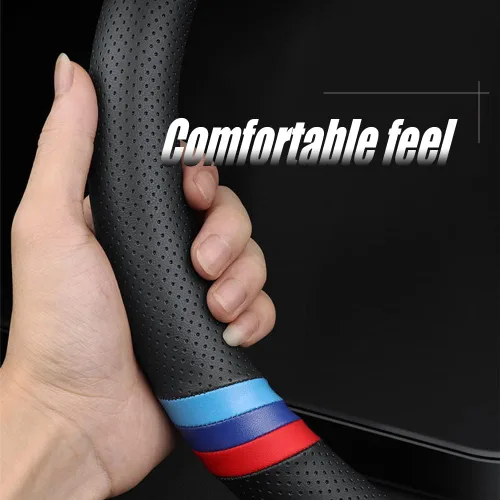 Miniatura 2 de Funda de cuero de napa para volante de automóvil, cómoda, antideslizante, estilo deportivo. Para fundas de volante de automóvil BMW, color negro