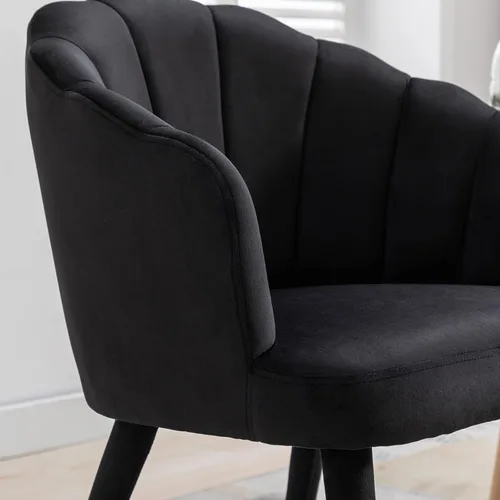 Miniatura 6 de Juego de 2 sillas de comedor de terciopelo modernas con respaldo de pétalos y patas de madera, cómodas sillas laterales tapizadas para comedor, Negro