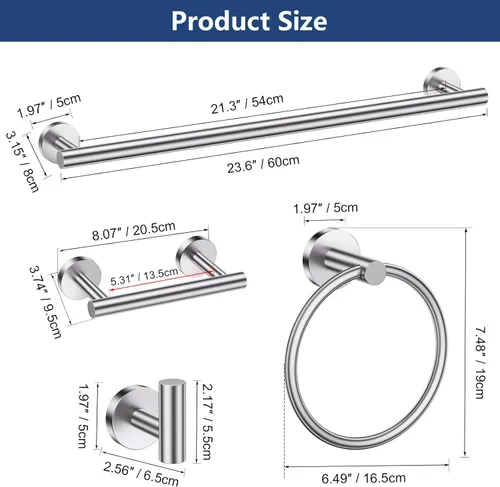 Miniatura 6 de TQKAG Juego de 5 piezas de accesorios de baño de níquel cepillado 23.6" SUS304 de acero inoxidable Juego de soporte de toalla de baño Soporte