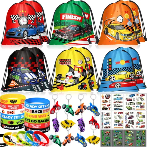 Winrayk 12 juegos de recuerdos de fiesta de coches de carreras, suministros de cumpleaños, bolsas de cordón de carreras, calcomanías luminosas de