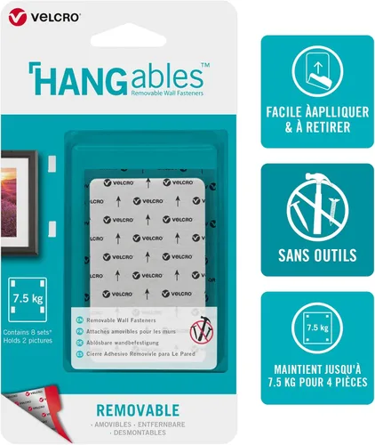 VELCRO Brand HANGables - Sujetadores de pared extraíbles | Fuerte sujeción adhesiva, hasta 16 ½ libras (por juego de 4) | Fácil de quitar de la