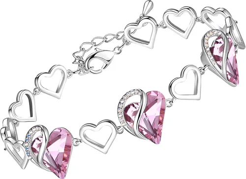 Leafael Infinity Love - Pulsera de eslabones de corazón, piedra natal o piedra curativa, pulsera de cristal para mujer, joyería de tono plateado,