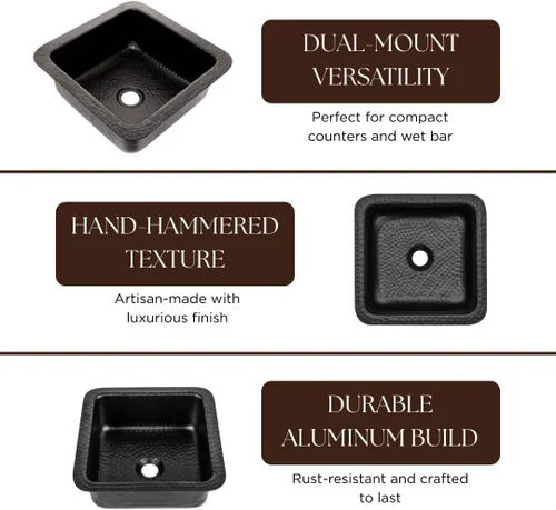 Miniatura 4 de Fregadero de cocina y barra Monarch Abode – Fregadero de bar de montaje dual de 12 pulgadas Glasgow, fregadero de aluminio negro mate martillado a