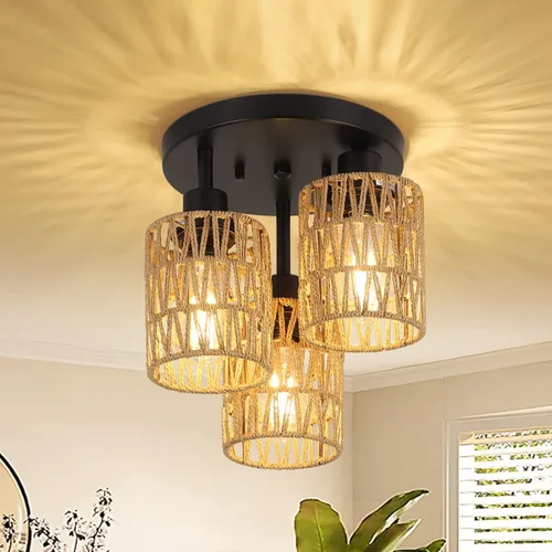 Lámparas de Techo Bohemias de 3 Luces Montaje en Techo, Candelabro de Ratán Estilo Granja, Pantalla de Jaula Tejida a Mano Montaje Semi Empotrado