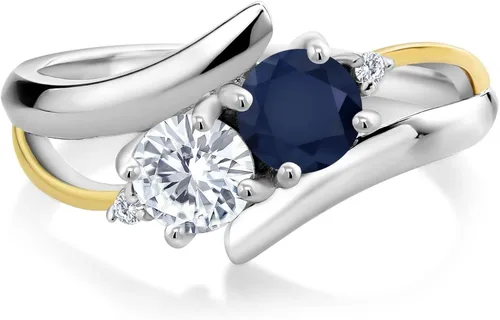 Miniatura 2 de Gem Stone King Anillo cruzado de 2 piedras de zafiro azul de 112 quilates y oro amarillo de 10 quilates cultivado en laboratorio con 2 piedras Metal