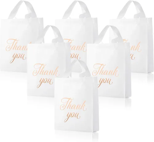 Outus 120 bolsas blancas de regalo de agradecimiento con asas de 9 x 12 pulgadas, bolsa de plástico para pequeñas empresas, madres, profesores,