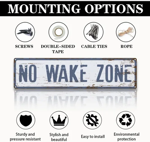 Miniatura 3 de Letrero de advertencia de metal con texto en inglés "No Wake Zone", letrero de advertencia de metal retro, decoración de pared de Lake House