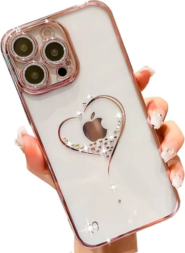 Miniatura 16 de Bling Glitter Heart compatible con iPhone 13 Pro de 6.1 pulgadas, bonito protector de cámara completo brillante para mujer, funda de teléfono Oro