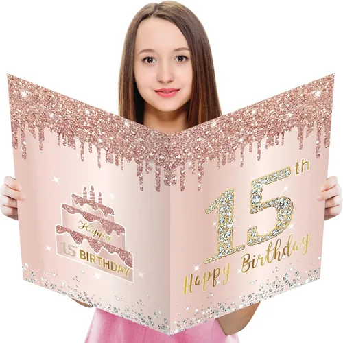 Tarjeta grande de cumpleaños de 15 años con sobre, tarjeta de feliz cumpleaños 15 jumbo para niña, tarjetas de felicitación extra grandes para libro