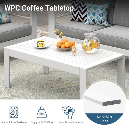 Miniatura 6 de Mesa de café al aire libre de aluminio Wisteria Lane, mesa lateral de patio de metal resistente al agua con parte superior con listones, mesas