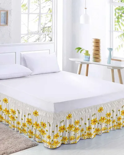 Miniatura 2 de Falda de cama floral amarilla, tamaño King de 16 pulgadas de caída, ajustable y elástica, plisada, con volantes de polvo de lujo para cama