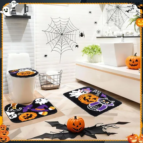 Miniatura 6 de Breling Juego de 3 piezas de alfombras de baño de Halloween, calabaza, antideslizante, lavable, alfombra de fantasmas, negra y púrpura, cubierta