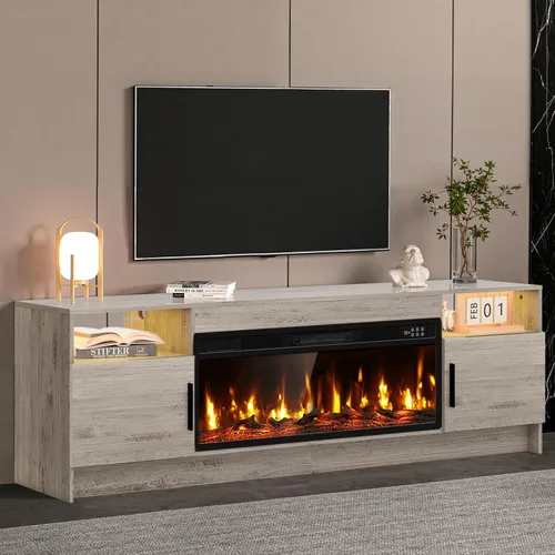Miniatura 9 de Kucreiheat Soporte de TV negro con chimenea, luces LED, centro de entretenimiento para TV de hasta 80 pulgadas, consola de TV moderna para sala
