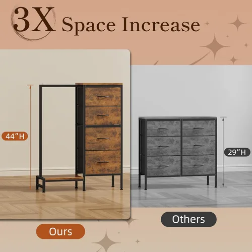 Miniatura 2 de HIGDBFE Cómoda con estante para colgar, armario pequeño de 4 cajones para dormitorio, cómoda de tela reversible para niños con perchero, torre