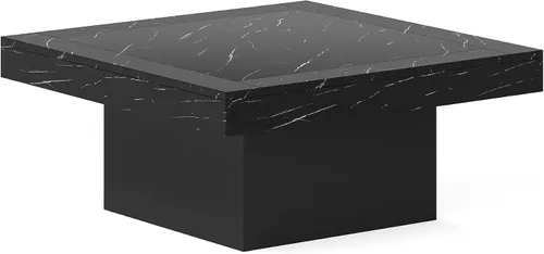 Miniatura 8 de Tribesigns Mesa de centro LED de madera de ingeniería cuadrada de bajo perfil para sala de estar (Mármol falso negro+negro) LED
