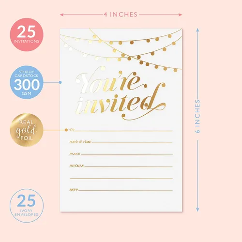 Miniatura 2 de ¡Invitaciones de fiesta S&O! 25 invitaciones tradicionales de papel de aluminio dorado con sobres, invitaciones de boda, bebé y despedida