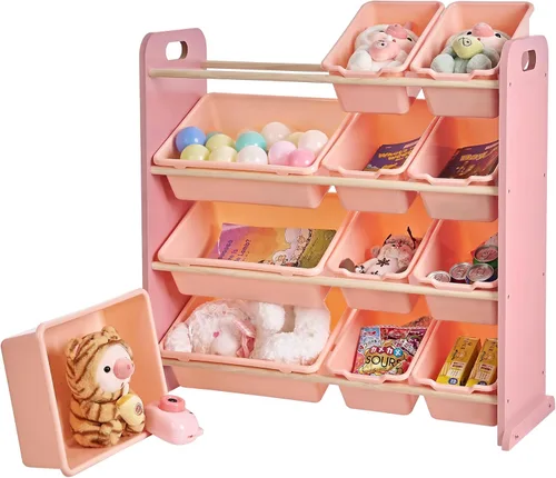 VECELO Organizador de almacenamiento de juguetes para niños de gran capacidad con 12 contenedores - Estante de madera para juguetes para niños Rosa
