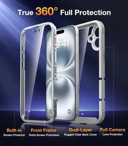 Miniatura 425 de Diaclara Funda diseñada para iPhone 16, mejorada [protección completa de la cámara], carcasa resistente de cuerpo completo con protector de pantalla