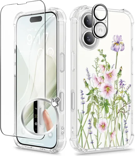 Miniatura 122 de GVIEWIN Funda diseñada para iPhone 13 de 6.1 pulgadas, con protector de pantalla de vidrio templado + protector de lente de cámara, flor