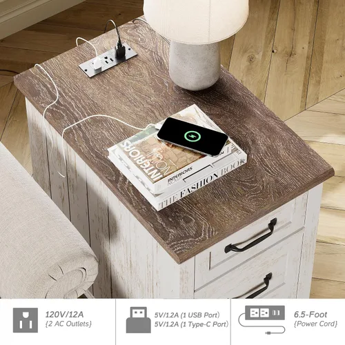 Miniatura 5 de WAMPAT Mesa auxiliar blanca antigua con estación de carga, mesa auxiliar de madera con cajón y armario de almacenamiento, mesita de noche de granja