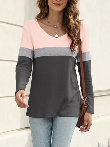 Miniatura 3 de Minetom Camisetas de manga larga con cuello en V para mujer, estilo casual, bloque de colorsólido, camisetas básicas