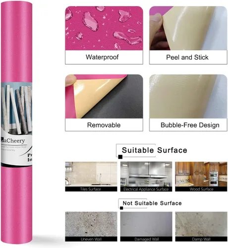 Miniatura 3 de LACHEERY Papel tapiz rosa intenso para dormitorio, papel tapiz texturizado mate, 12 x 160 pulgadas, papel adhesivo rosa magenta para armarios