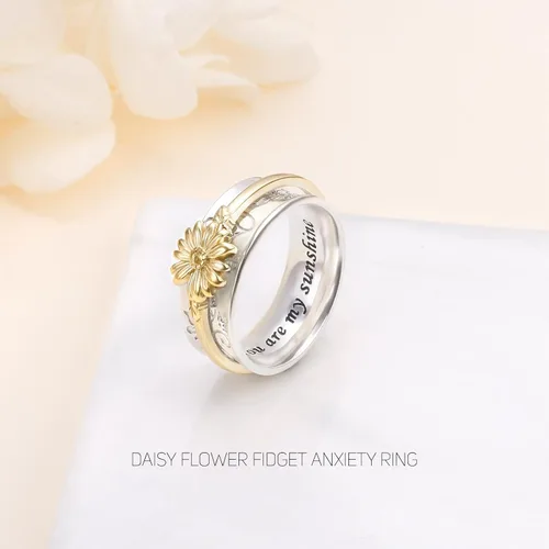 Miniatura 10 de Anillo giratorio para aliviar la ansiedad con margaritas You Are My Sunshine Flower Fidget Ring de plata esterlina TDAH para aliviar el estrés