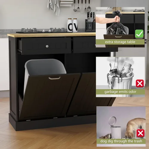 Miniatura 6 de RASOO Gabinete de basura de doble inclinación hacia fuera, cesta de lavandería independiente de madera con 2 cajones, cubo de basura de cocina