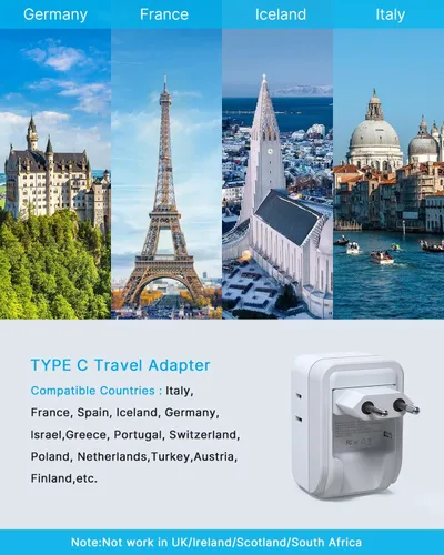 Miniatura 3 de Paquete de 2 adaptadores de enchufe de viaje europeo, VINTAR Adaptador de alimentación internacional plegable con 4 tomas de corriente AC, 3 puertos