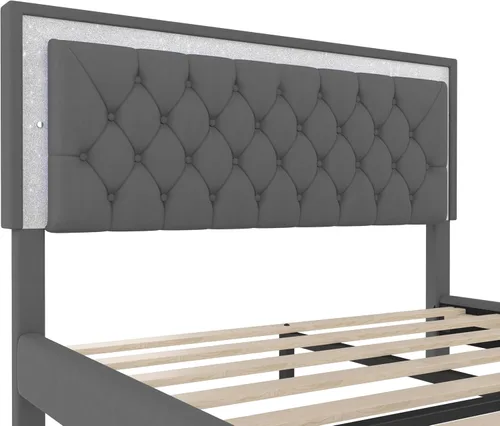 Miniatura 9 de Merax Cama de plataforma tapizada, tamaño Queen, tela de terciopelo LED, marco de cama de madera con luces LED y cabecera copetuda para dormitorio