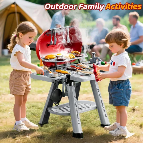 Miniatura 2 de Juego de parrilla para niños pequeños de 3 a 5 años, juguete de cocina de barbacoa al aire libre de 2 capas con humo, luces y sonidos, juego