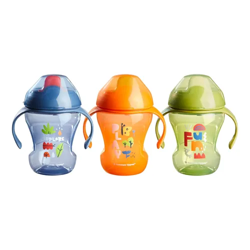 Tommee Tippee Vasos de entrenamiento de 8 onzas con asas para bebés y niños pequeños, a prueba de derrames, sin BPA, azul, naranja y verde, paquete
