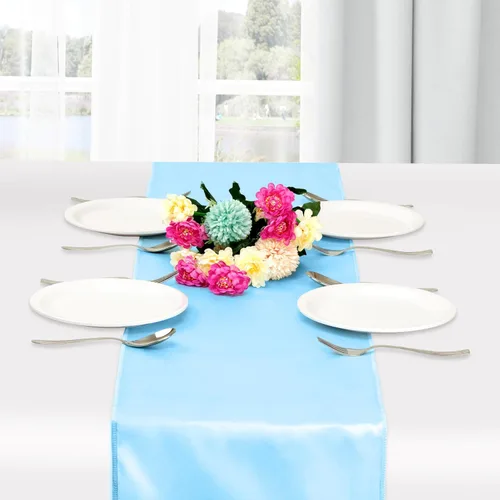 Miniatura 2 de Paquete de 5 caminos de mesa de satén azul bebé de 12 x 108 pulgadas de largo, satén brillante y sedoso para decoración de fiesta de cumpleaños