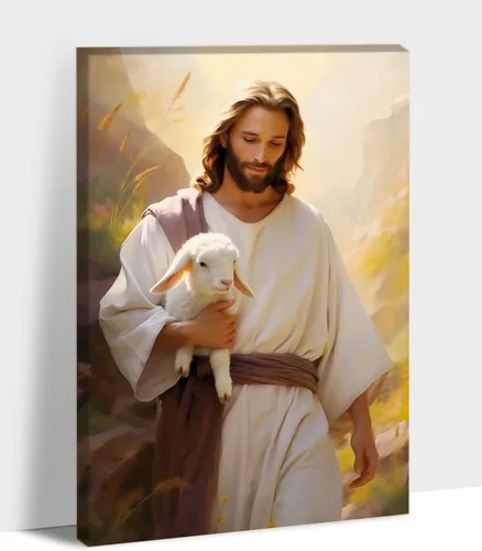 Miniatura 10 de Arte de pared en lona de Jesús y Cordero, Imagen de Jesús Corriendo tras la Oveja Perdida, Arte de pared religioso de Jesús Dejando las 99, Pinturas
