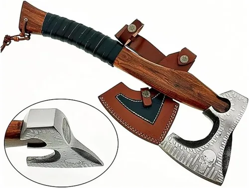 Miniatura 9 de Dessi Hacha Viking Hacha de acero al carbono grabado hoja hacha Tomahawk mango de madera de nogal dragón grabado envuelto agarre funda de cuero