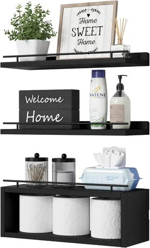 WOPITUES Estantes flotantes para pared con estante de cubo, estantes de pared con riel de metal para decoración de baño, organizadores y